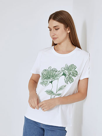 T-shirt with metallic flower in white dark green