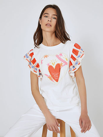Top with striped ruffled sleeves in white