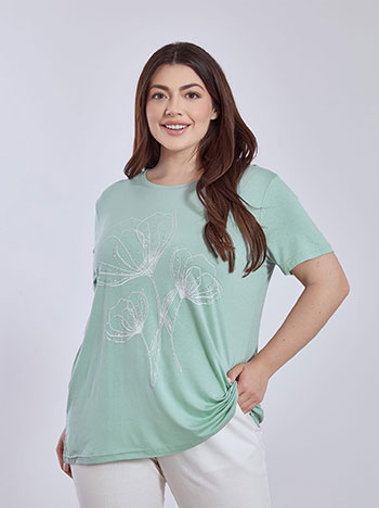 Top long with strass flower in almond green