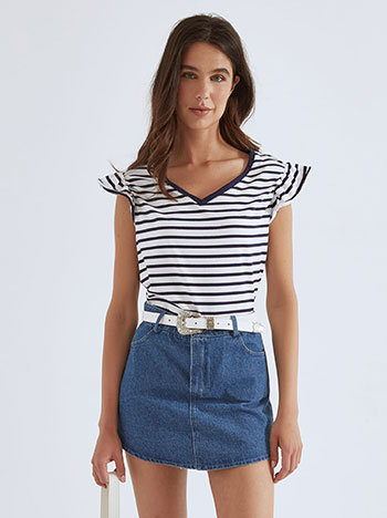 Top striped with ruffled sleeves in dark blue white