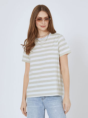 T-shirt με μεταλλιζέ ρίγες σε μπεζ ανοιχτό