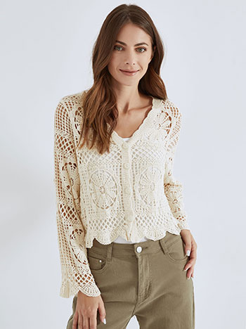 Cardigan cotton in crochet knit in light beige