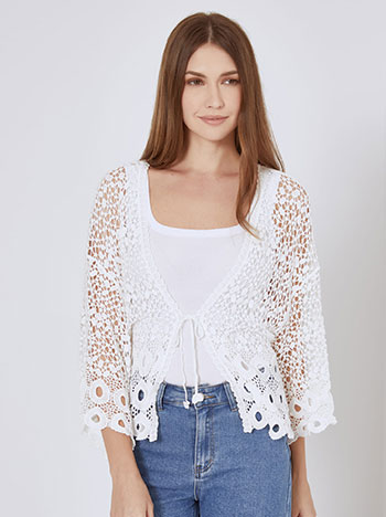 Cardigan crochet with tie in white
