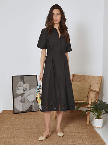 Dress midi with broderie hemline in black