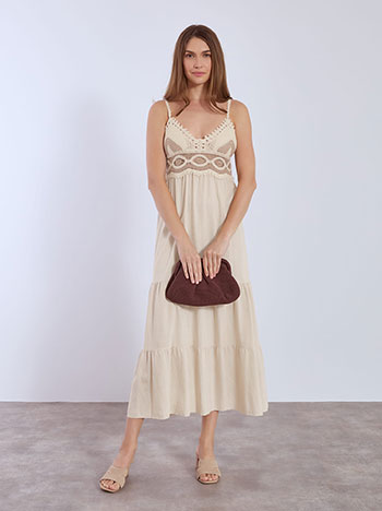 Dress maxi with crochet upper part in beige