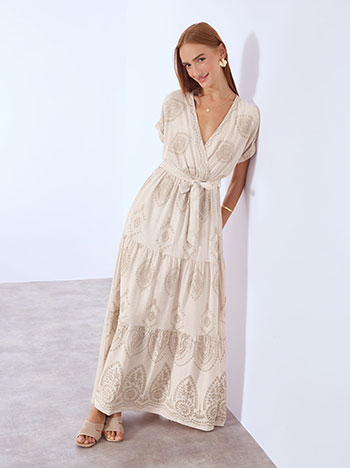 Dress maxi with broderie metallic details in beige