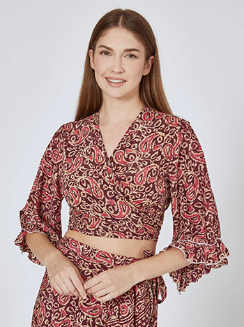 Crop top printed with tie in dark purple