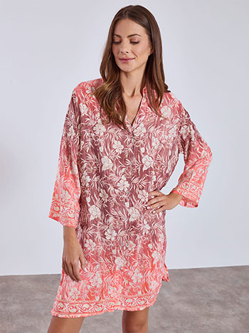 Kaftan printed asymmetric in coral