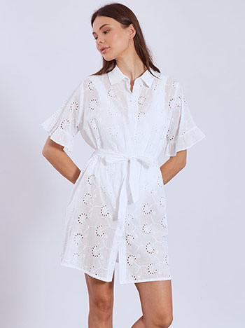 Shirt kaftan broderie with belt in white