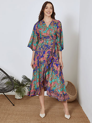 Dress midi wrap front paisley in blue
