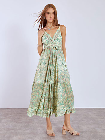 Dress maxi printed with tie in light beige
