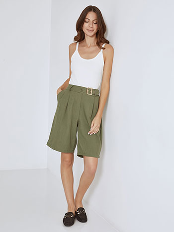 Bermuda shorts with decorative buckle in khaki