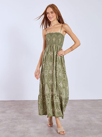 Dress maxi printed with smocked detail in khaki