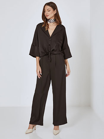 Shirt and wide leg trousers satin set in black