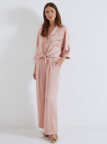 Shirt and wide leg trousers satin set in dusty pink