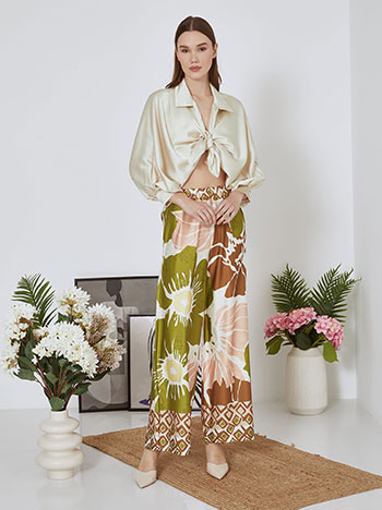 Wide leg trousers printed and top satin set in beige