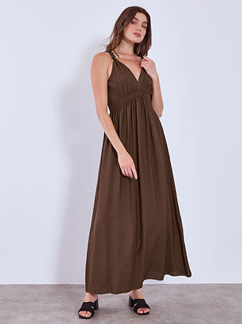 Dress maxi with shirred waistband in dark brown