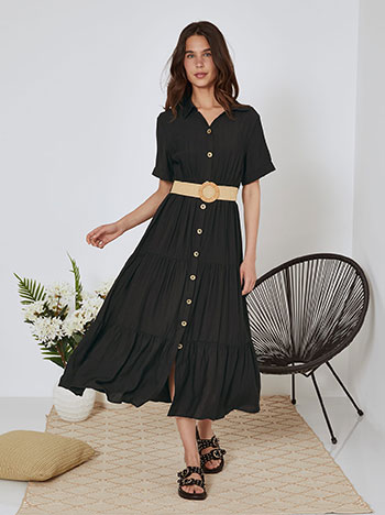 Shirtdress maxi with wide belt in black