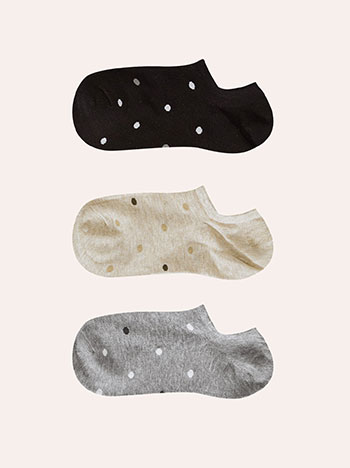 3 pack of polka dot socks in black, beige, grey