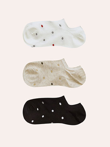 3 pack of polka dot socks in white, beige, black