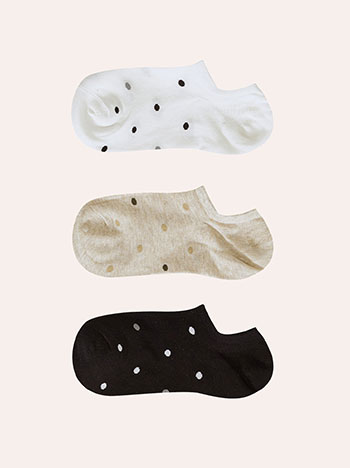 3 pack of polka dot socks in white, beige, black