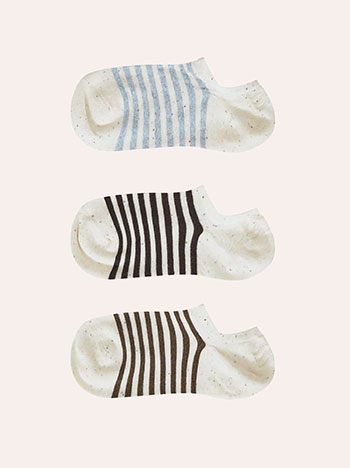3 pack of low socks with stripes in light blue, black, brown