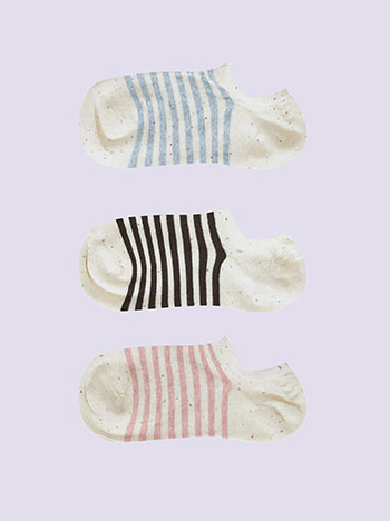 3 pack of low socks with stripes in light blue, black, pink
