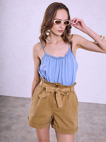 Denim shorts with rolled up hem in camel