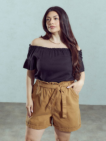 Denim shorts with rolled up hem in camel