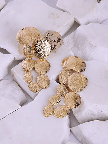 Long earrings with textured discs in gold