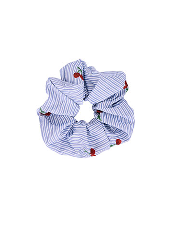 Scrunchie with scherries and stripes in sky blue