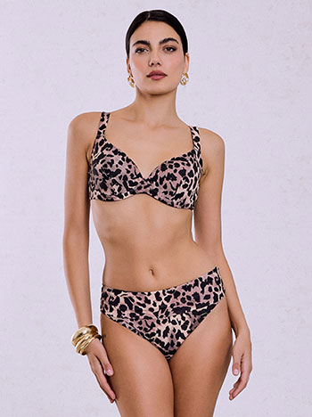 Shiny high-waisted bikini set in brown
