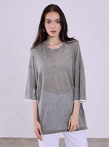 Μπλούζα oversized με τρία τέταρτα μανίκι σε γκρι
