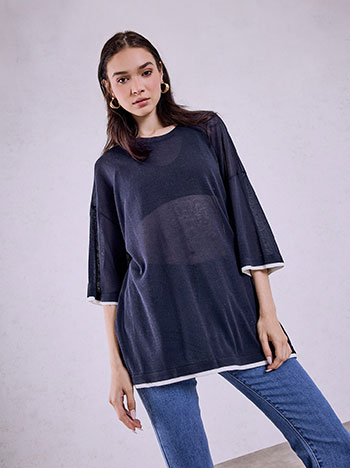 Μπλούζα oversized με τρία τέταρτα μανίκι σε σκούρο μπλε