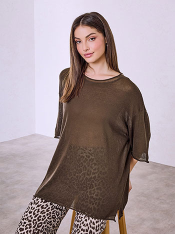 Μπλούζα oversized ημιδιάφανη σε καφέ