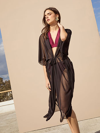 Kimono semi sheer with belt in black