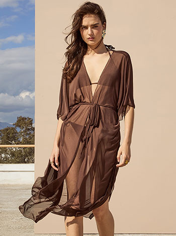 Kimono semi sheer with belt in dark brown