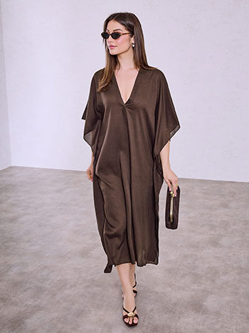 Φόρεμα καφτάνι με λινό σε καφέ