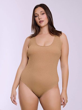 One piece swimsuit in textured fabric in dark beige
