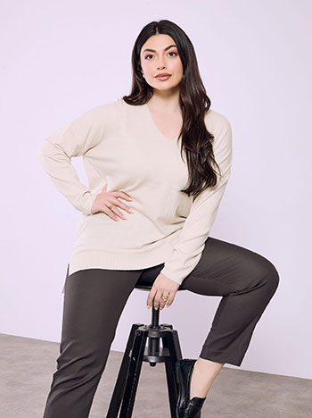 Sweater with side slits in beige