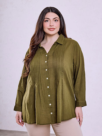 Cotton shirt with pleats in olive green