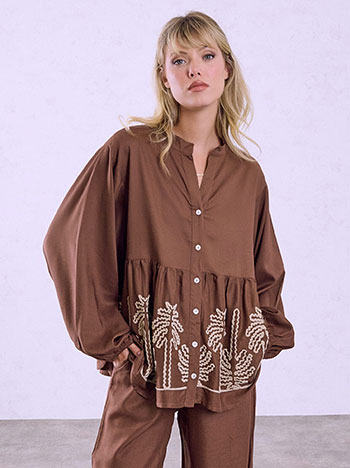 Shirt with embroidered hem in brown