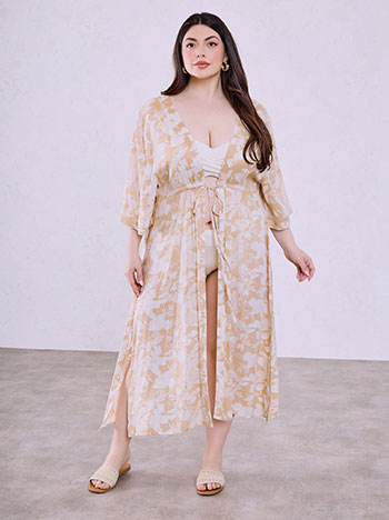 Printed viscose kimono in beige