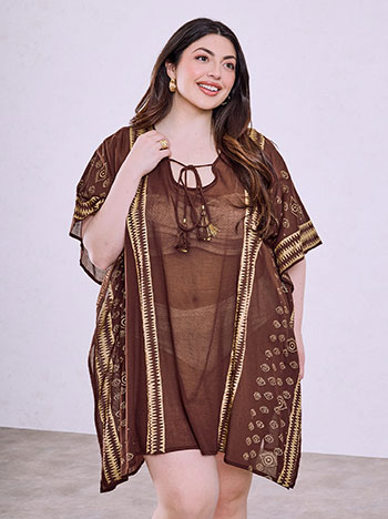 Printed kaftan dress with tie in brown