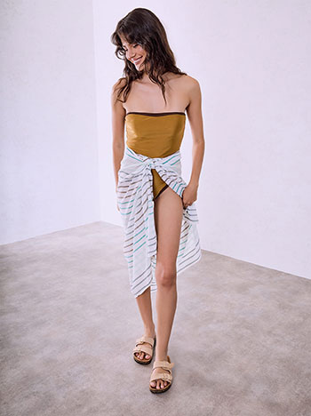 Semi sheer striped pareo in white turquoise