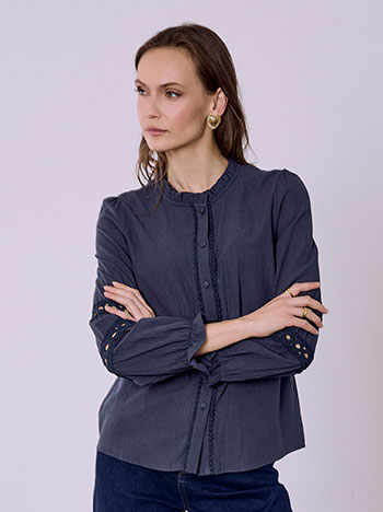 Shirt with ruffled neckline in dark blue