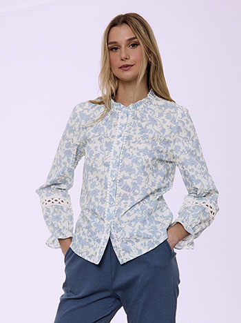 Printed shirt with crochet details in sky blue