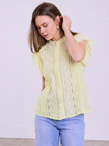 Embroidered shirt with ruffles in yellow