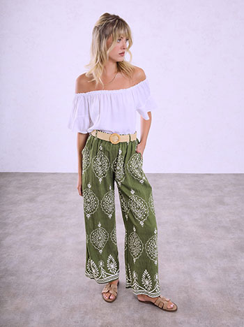 Printed wide-leg trousers with belt in khaki
