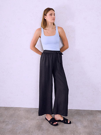 Wide leg trousers with waist tie in black